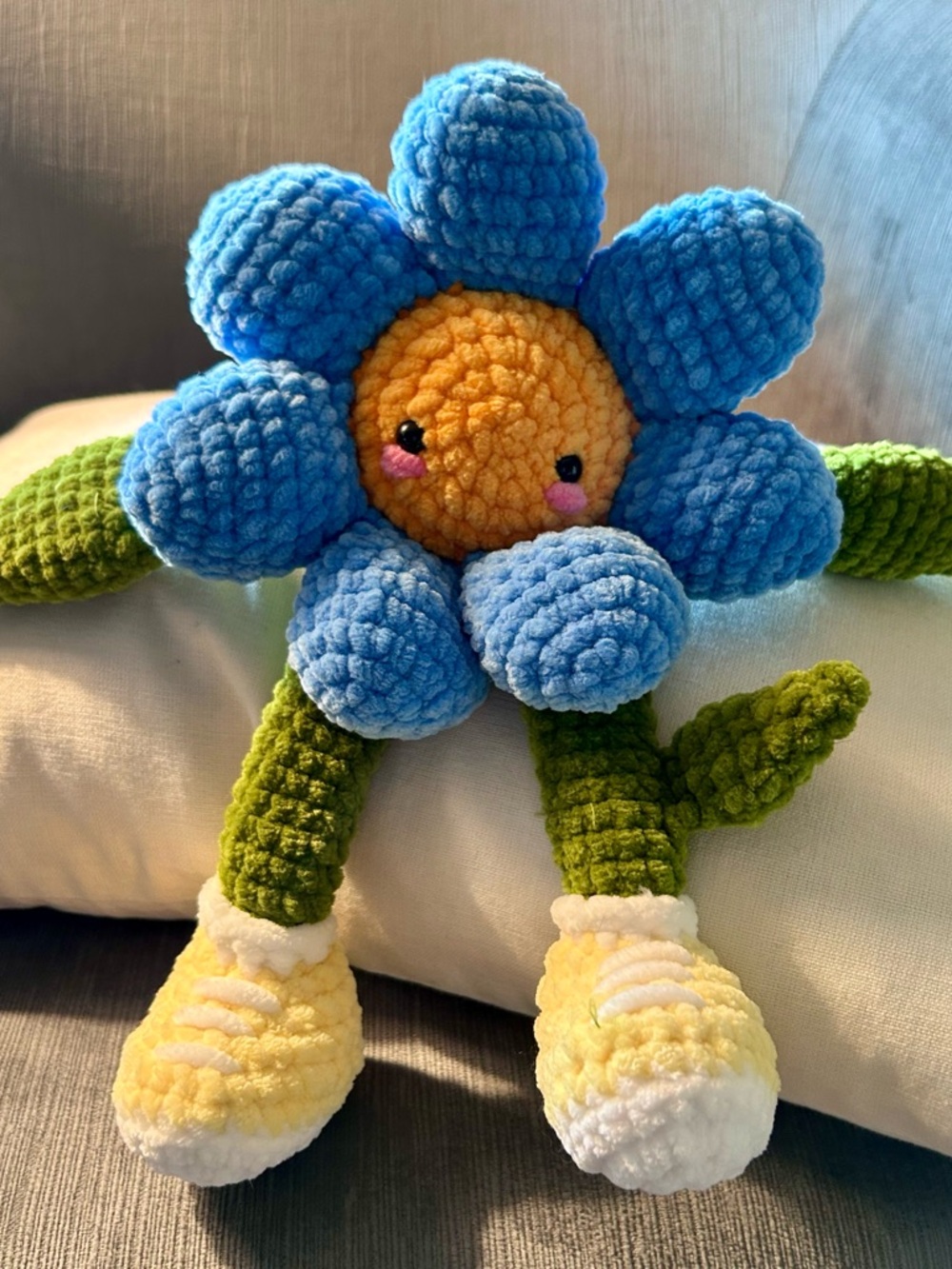 🌼 Blue “Happy Flower” with Gold Face and Yellow Sneakers Hand Crocheted - 11”